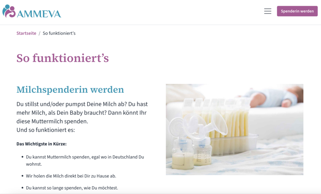 Ammeva's new website is designed to attract breast milk donors.